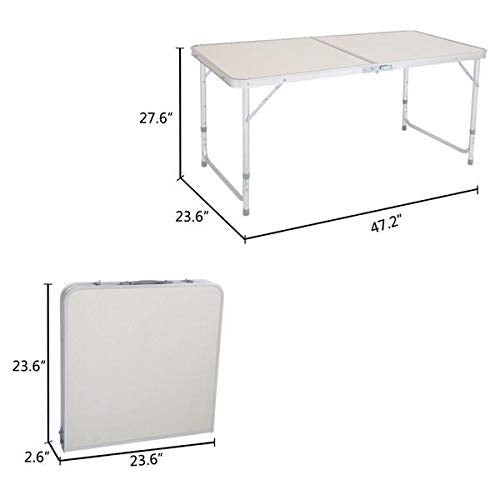 Aluminum Folding Table 4 Foot, Adjustable Height Lightweight Portable Camping Table for Picnic Beach Outdoor Indoor, White 120 x 60 x 70 4Ft Y684846