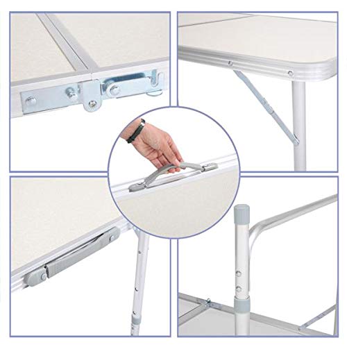 Aluminum Folding Table 4 Foot, Adjustable Height Lightweight Portable Camping Table for Picnic Beach Outdoor Indoor, White 120 x 60 x 70 4Ft Y684846