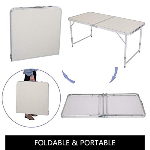 Aluminum Folding Table 4 Foot, Adjustable Height Lightweight Portable Camping Table for Picnic Beach Outdoor Indoor, White 120 x 60 x 70 4Ft Y684846