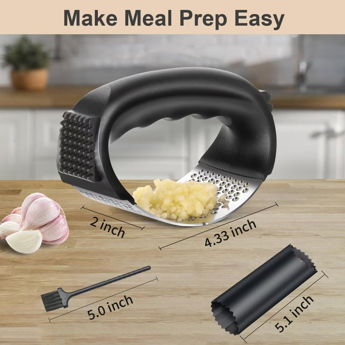 Stainless Steel Garlic Press Rocker with Peeler and Cleaning Brush V1480