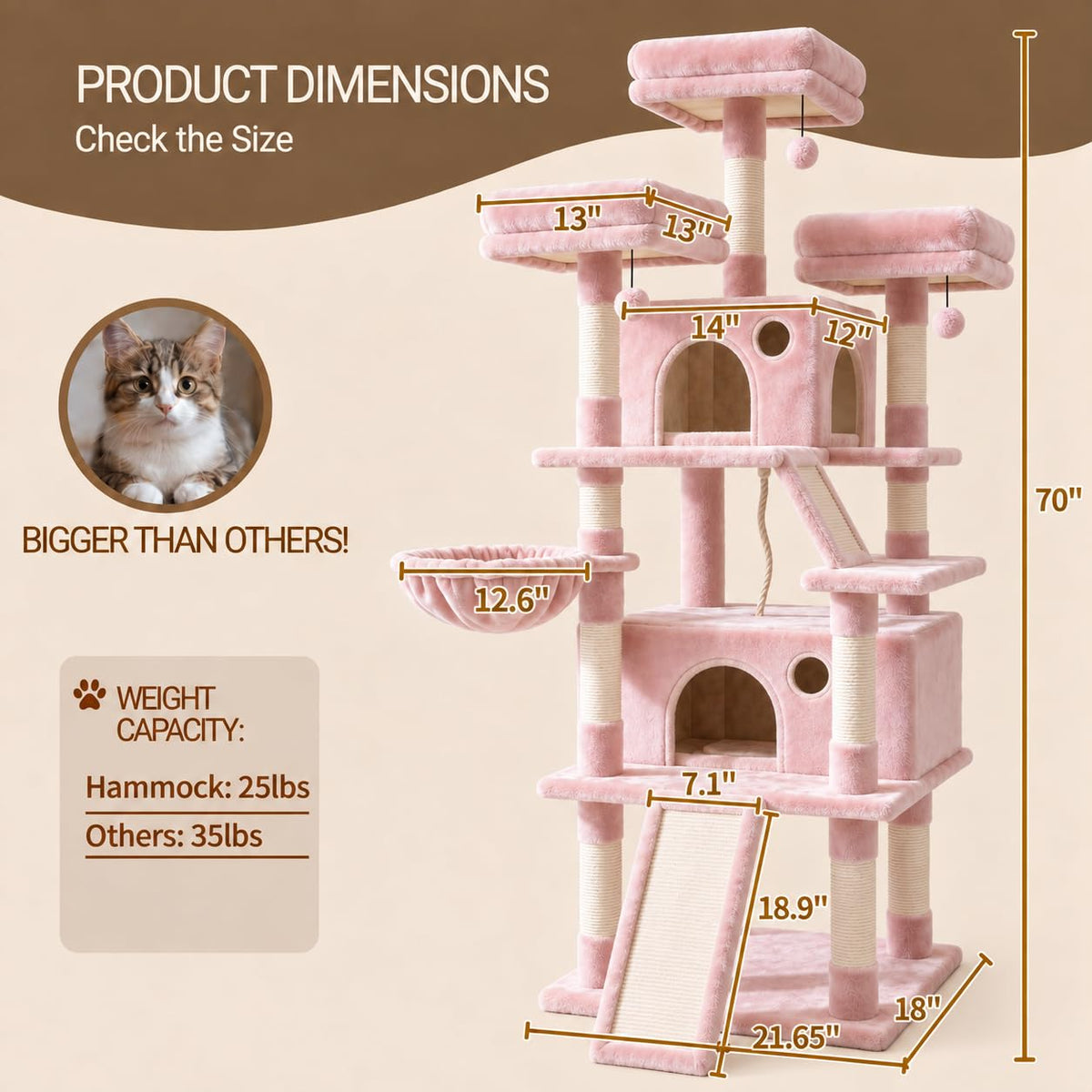 70 Inch Tall Multi-Level Cat Tree Tower with Scratching Posts, Hammock & Perches G2410