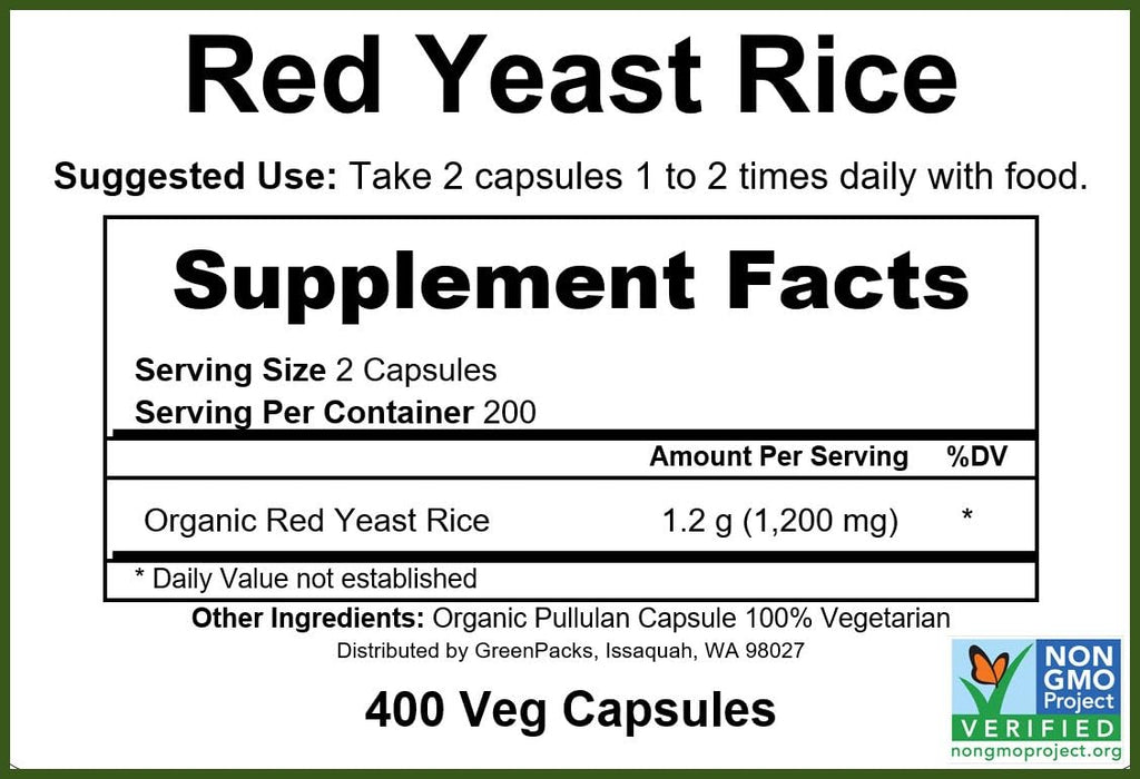 Organic Red Yeast Rice Supplement, 400 Capsules U6874