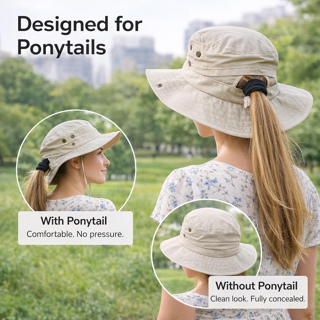 Ponytail Sun Hat Waterproof UPF 50+ Wide Brim W822