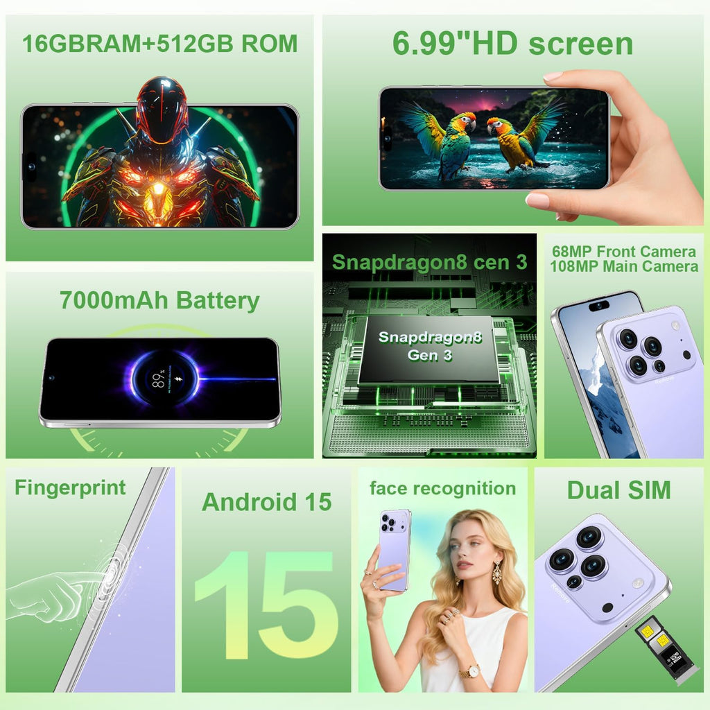 Unlocked Cell Phone 16GB+512GB Smartphone 6.99" HD Screen Android 15 5G 7000mAh (Purple) E80364
