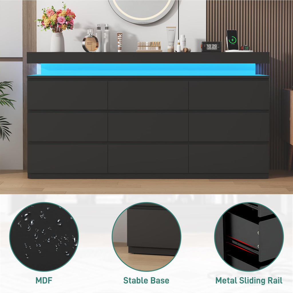 Black 9 Drawer Dresser with Power Outlet Q749