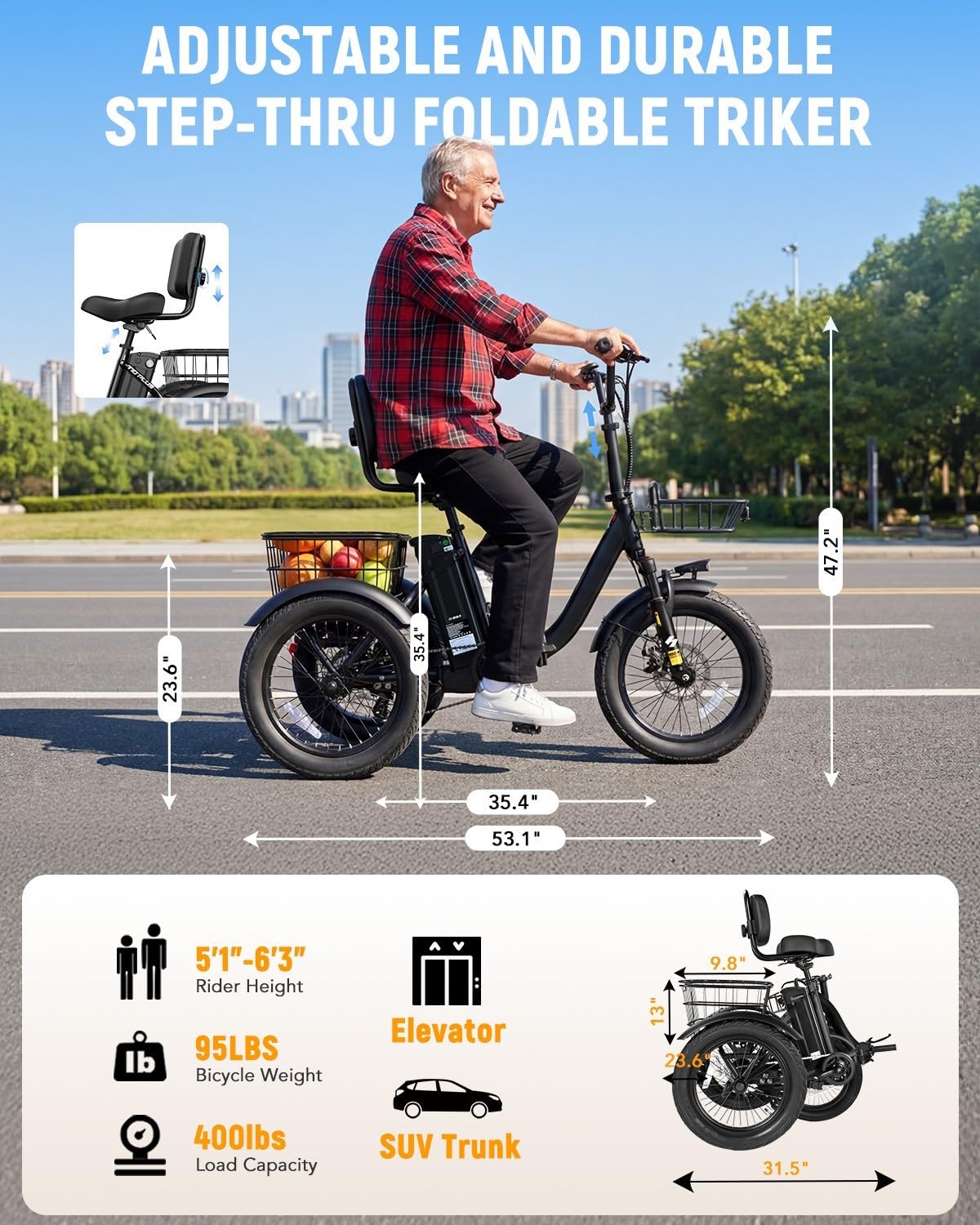 Electric Tricycle for Adults, 18"x3.0" Folding Step-Thru E Trike with 1200W Brushless Motor 48V 499.2Wh Removable Battery D439638