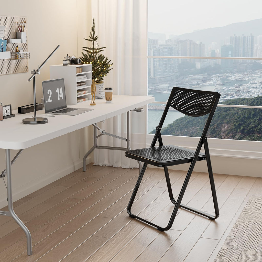 Black Plastic Folding Chairs with Mesh Seat, 10 Pack B349570