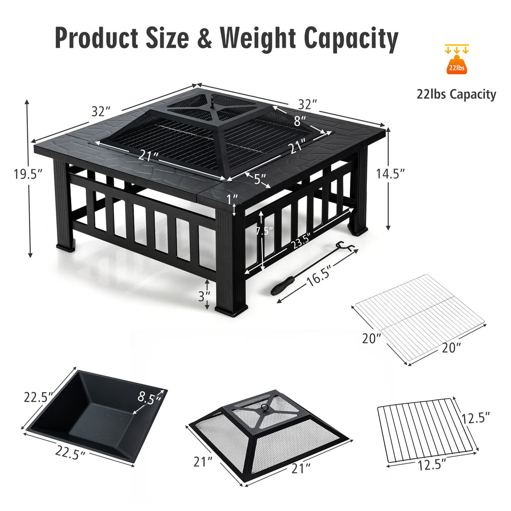 32 inch 3 in 1 Wood Burning Fire Pit Table with BBQ Grill M35835