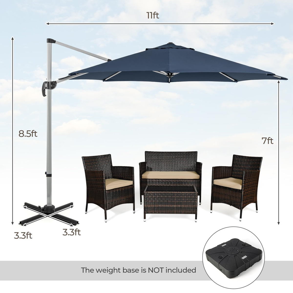 11 FT Cantilever Patio Umbrella with 360° Rotation P1921