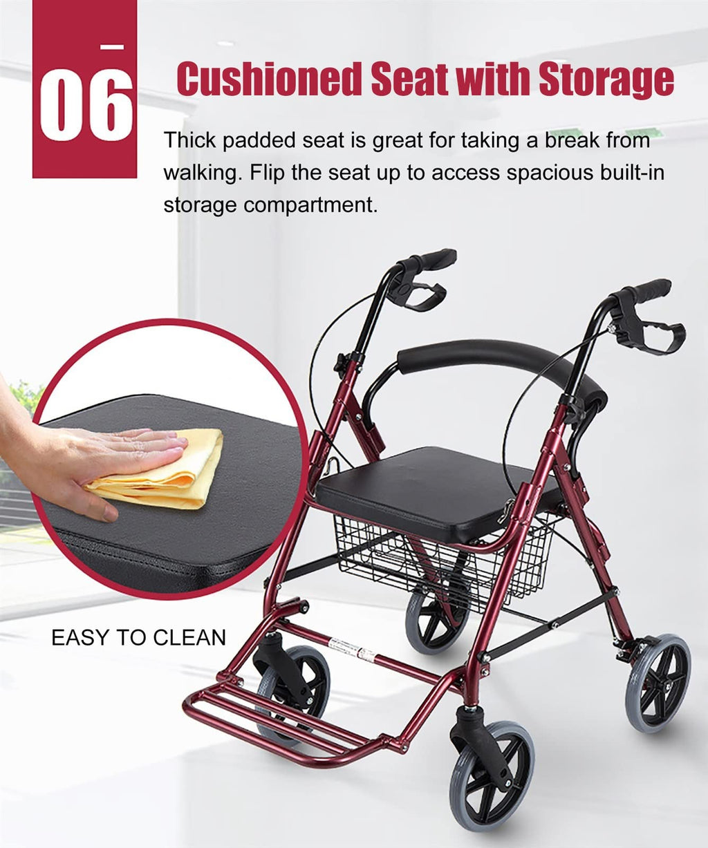 Red Folding Rollator with Seat and Basket U263