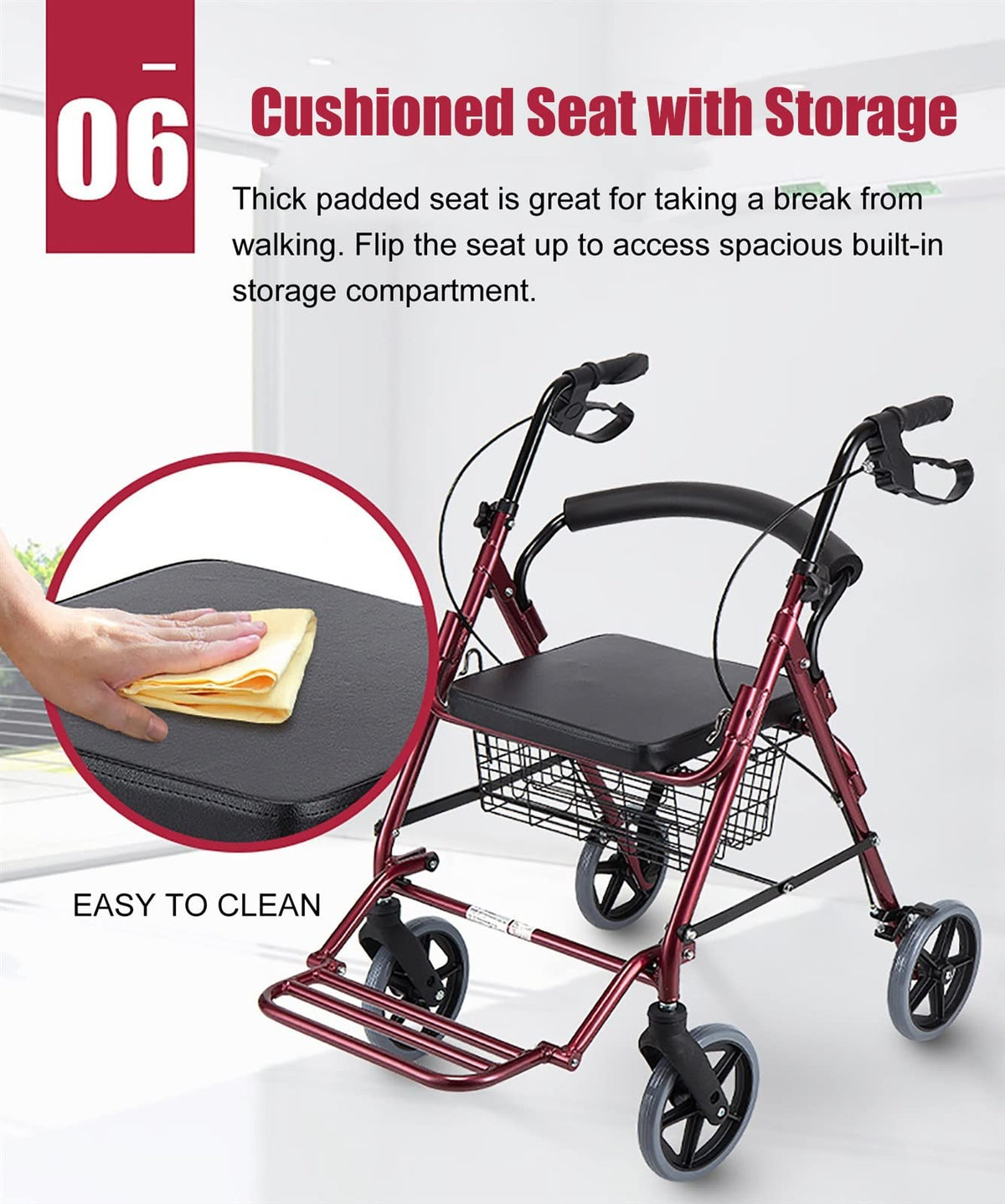 Red Folding Rollator with Seat and Basket U263
