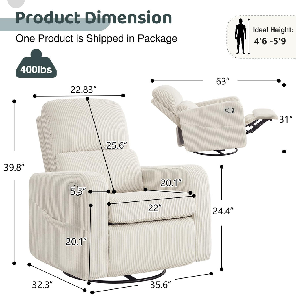 Oversized Corduroy Swivel Rocker Recliner Chair Q17943