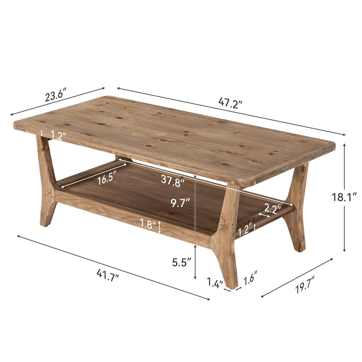 Solid Wood Coffee Table with Storage, 2-Tier Shelf T439