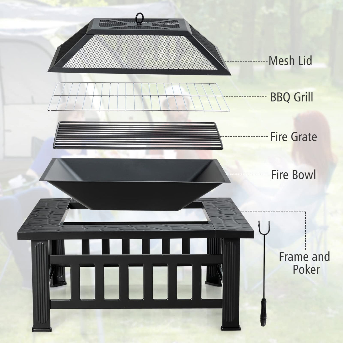 32 inch 3 in 1 Wood Burning Fire Pit Table with BBQ Grill M35835