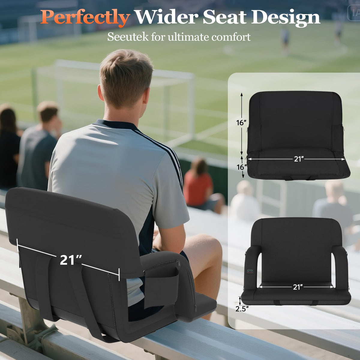 2pc Black Heated Stadium Seats with Back Support T119045