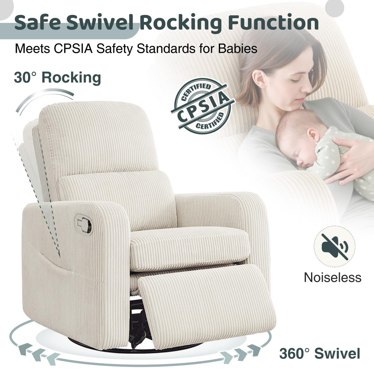 Oversized Corduroy Swivel Rocker Recliner Chair Q17943