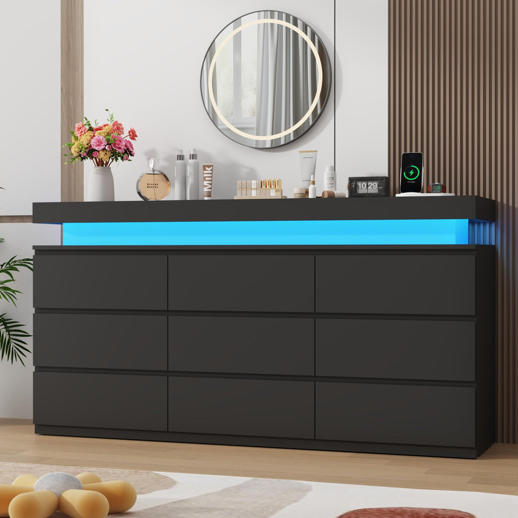 Black 9 Drawer Dresser with Power Outlet Q749