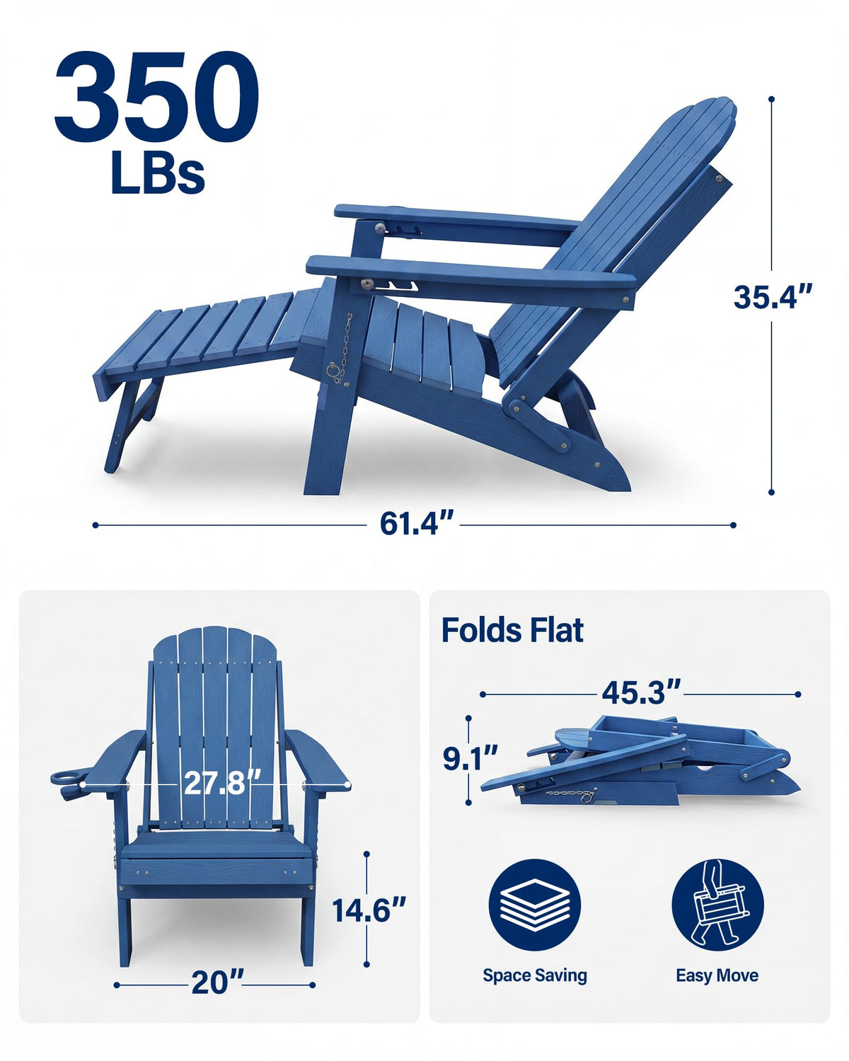 Blue HDPE Adirondack Chairs with Footrest Set of 4 Y8989