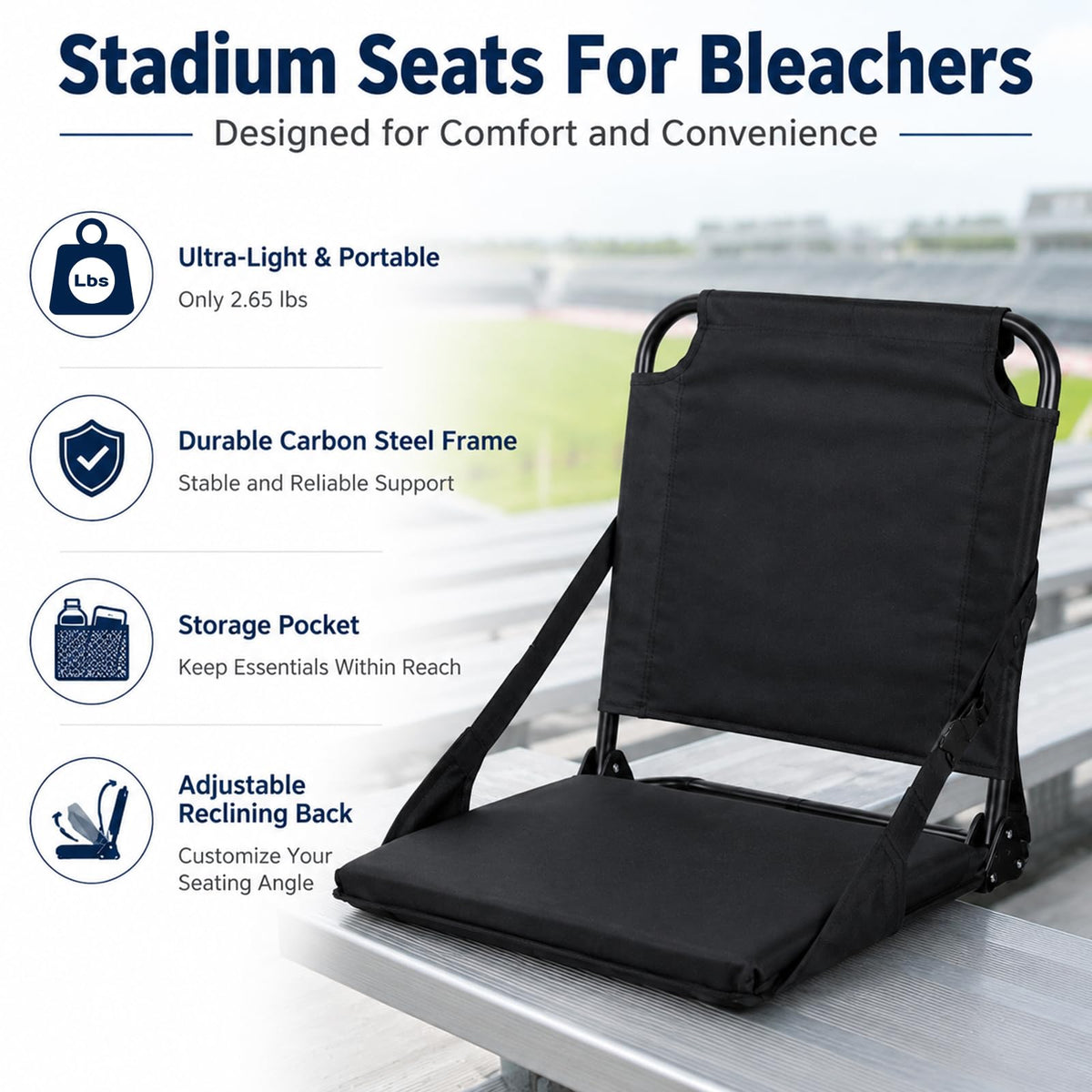 Portable Stadium Seat with Back Support and Storage Pockets X6868