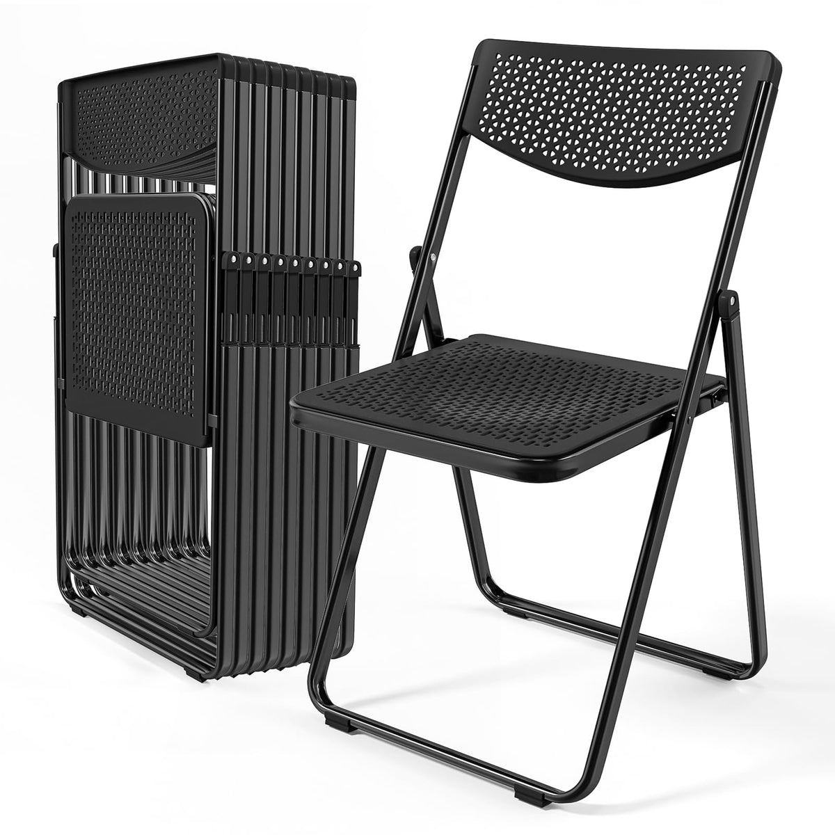 Black Plastic Folding Chairs with Mesh Seat, 10 Pack B349570