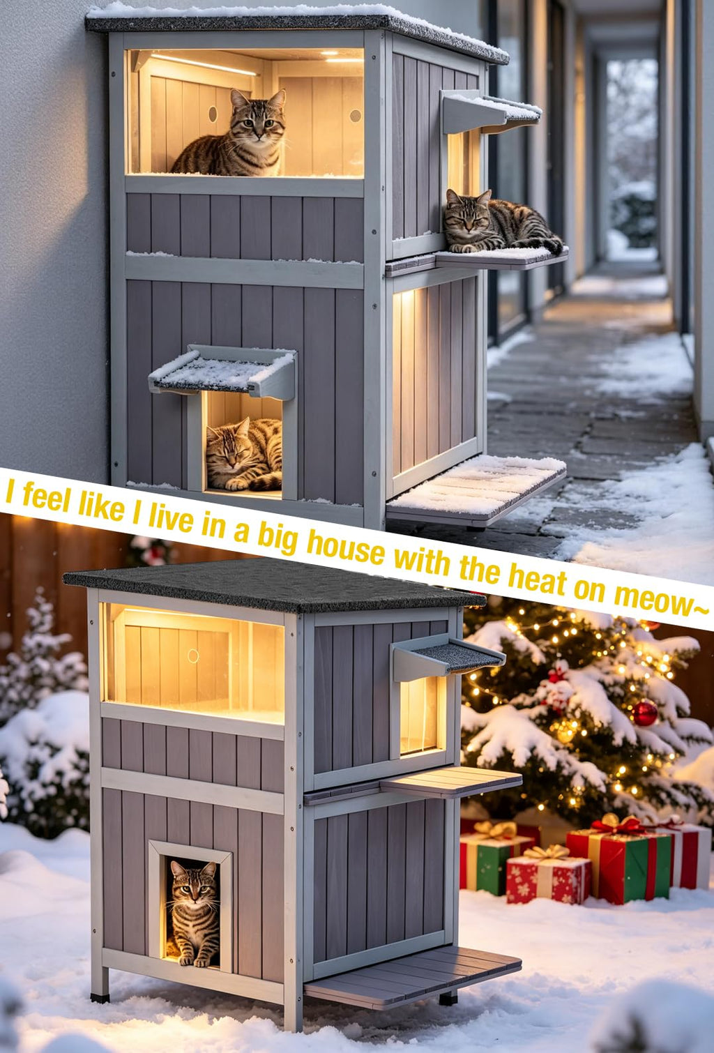 Heated 2-Story Solid Wood Cat House L733