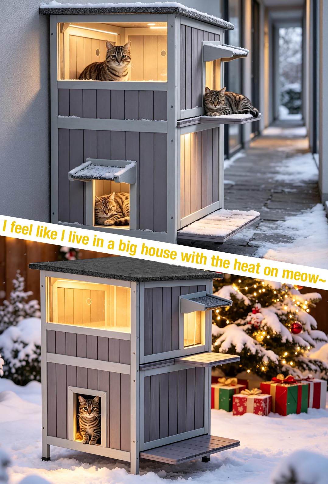 Heated 2-Story Solid Wood Cat House L733