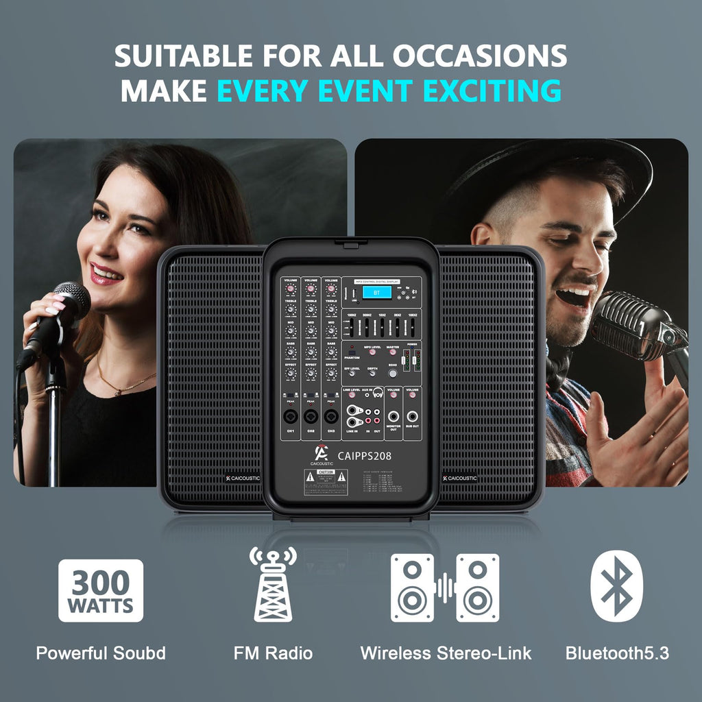 300W 8-Channel Bluetooth PA Speaker System with 8" Subwoofer and 1" Horn Tweeter F94219