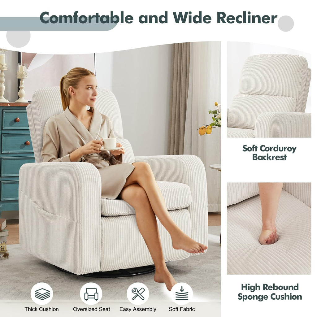 Oversized Corduroy Swivel Rocker Recliner Chair Q17943