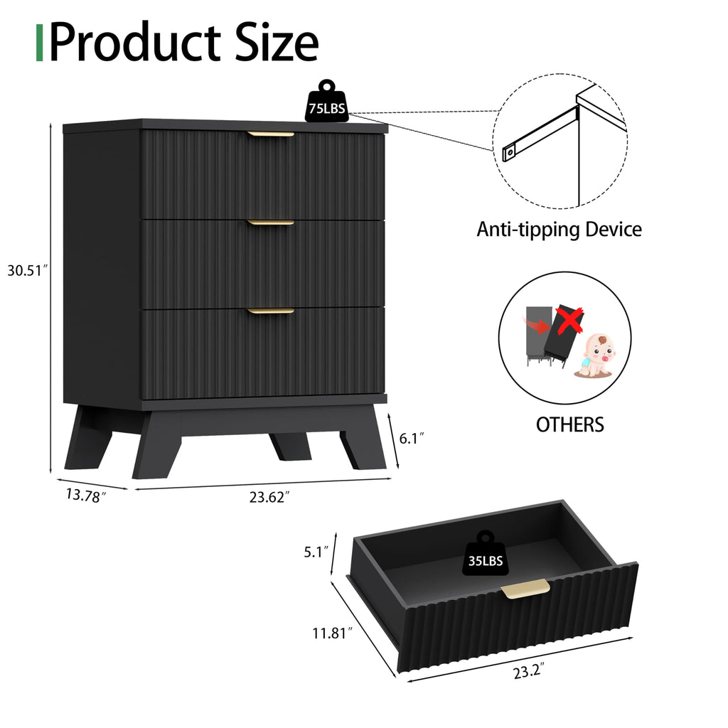 Black 3 Drawer Fluted Nightstand Y43519
