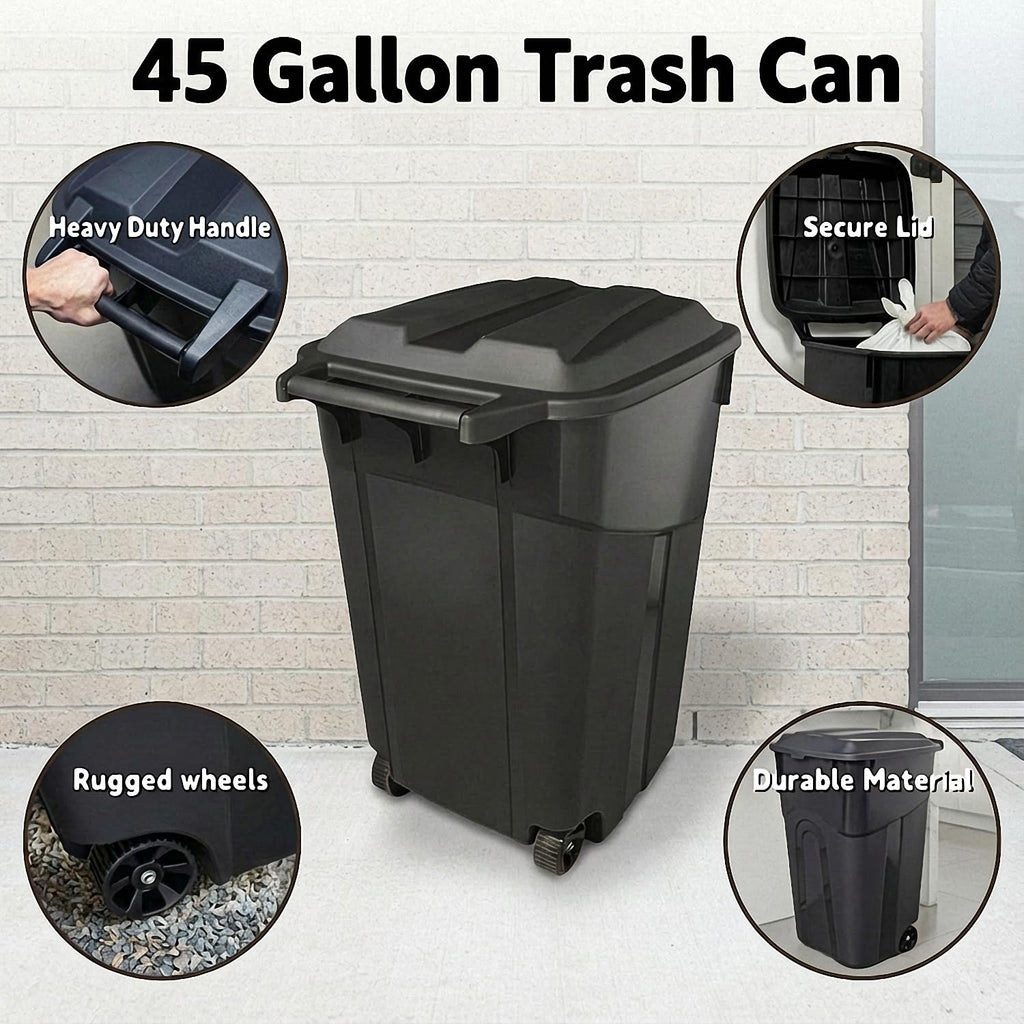 45 Gallon Black Wheeled Trash Can with Lid Z286