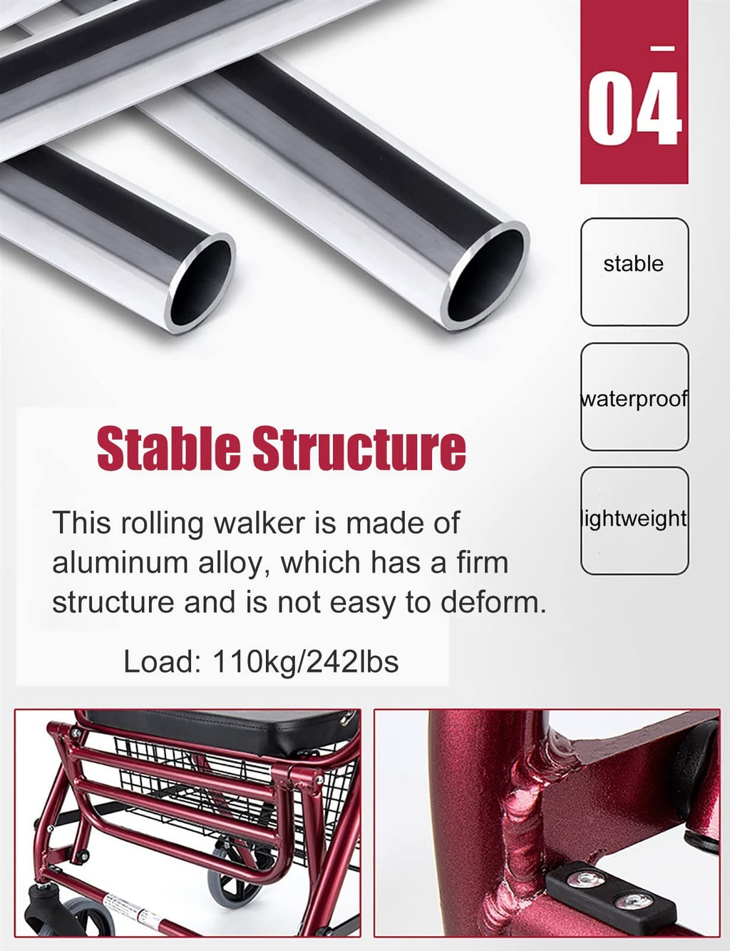 Red Folding Rollator with Seat and Basket U263