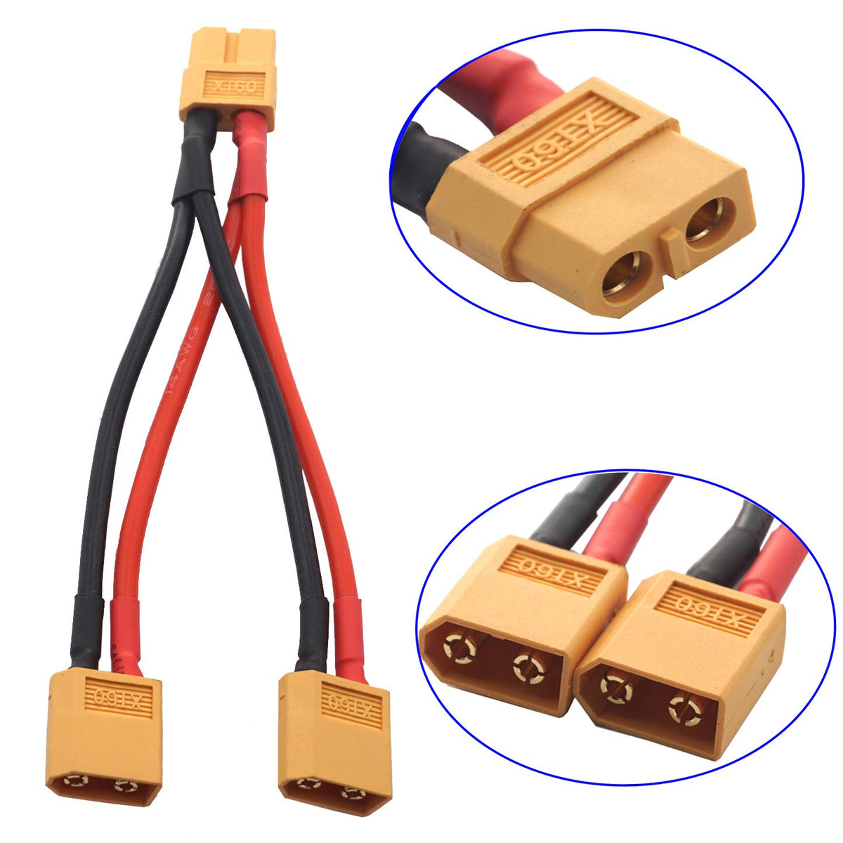 14AWG XT60 Parallel Battery Connector 2-Male to 1-Female Cable Y Splitter A862056