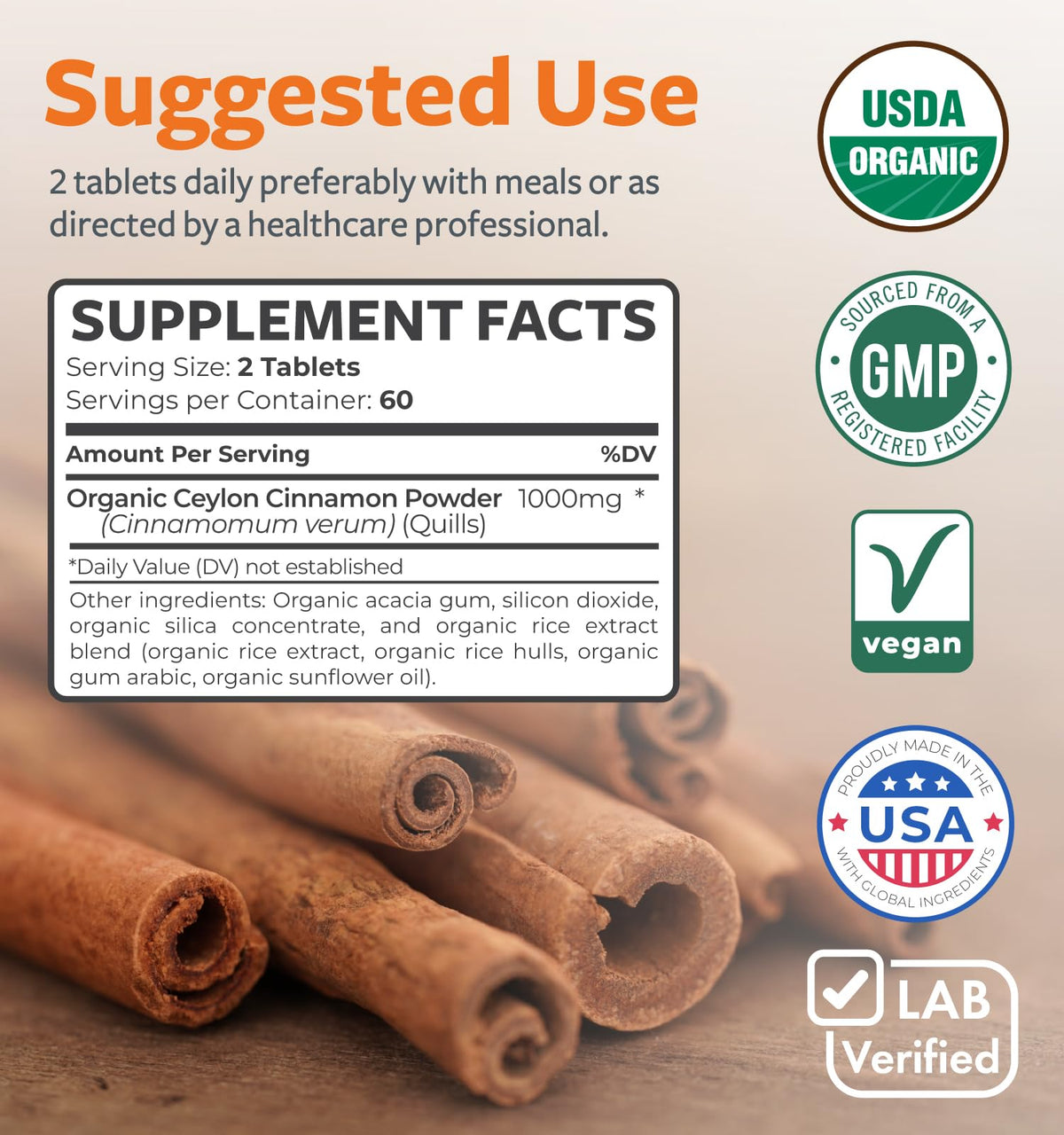 USDA Organic Ceylon Cinnamon 1000mg Vegan Non-GMO Supplement P541138