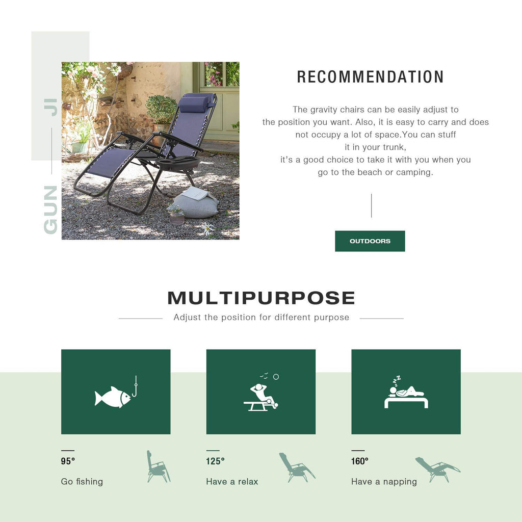 Blue Zero Gravity Folding Lounge Chairs Set of 2 with Cup Holder J853273