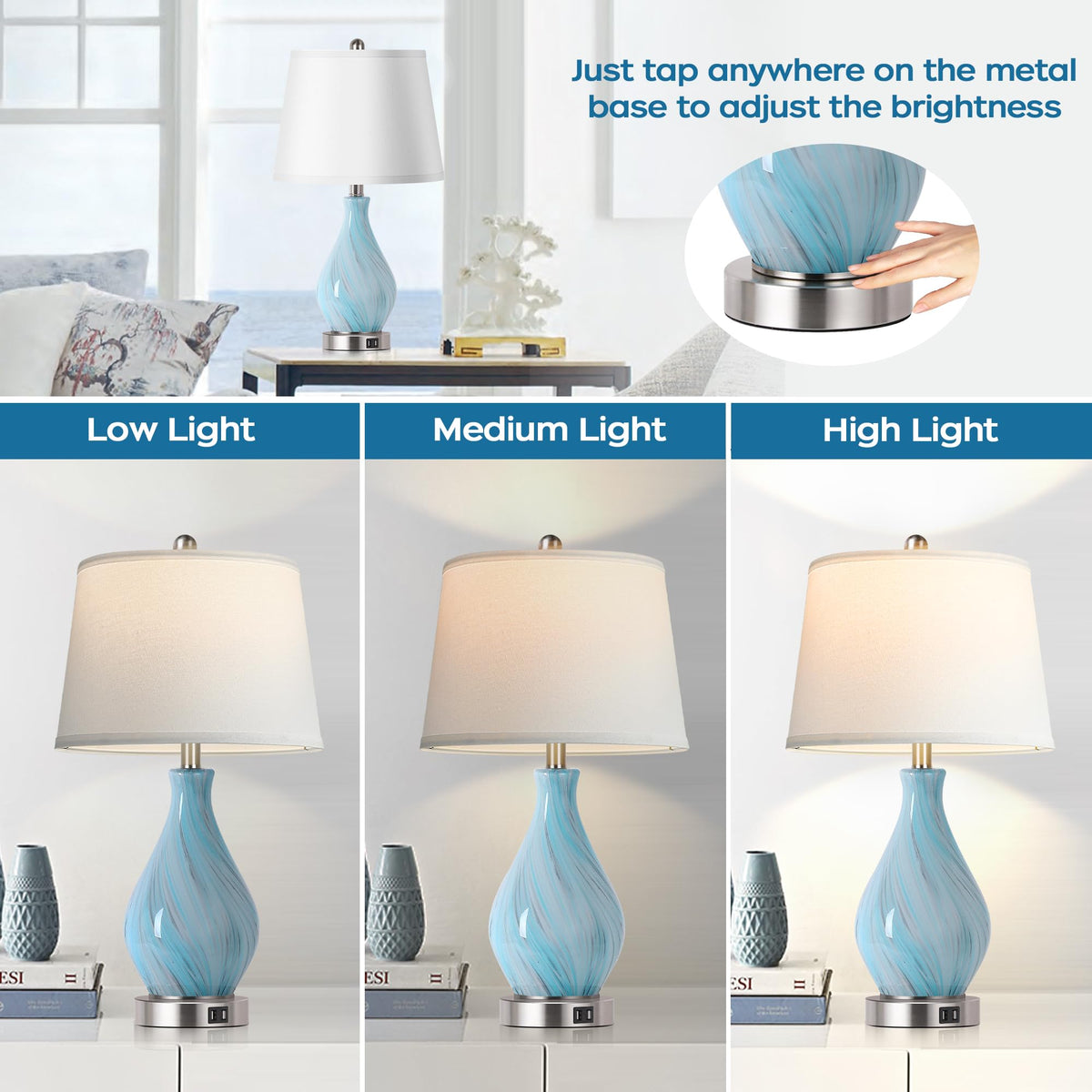 Set of 2 Touch Control Art Glass Table Lamp with USB Ports B223