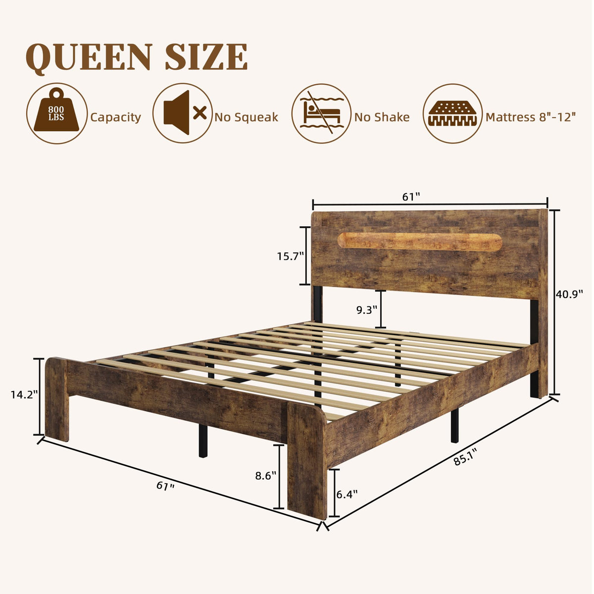 Queen Size Wood Bed Frame with Storage Headboard F931