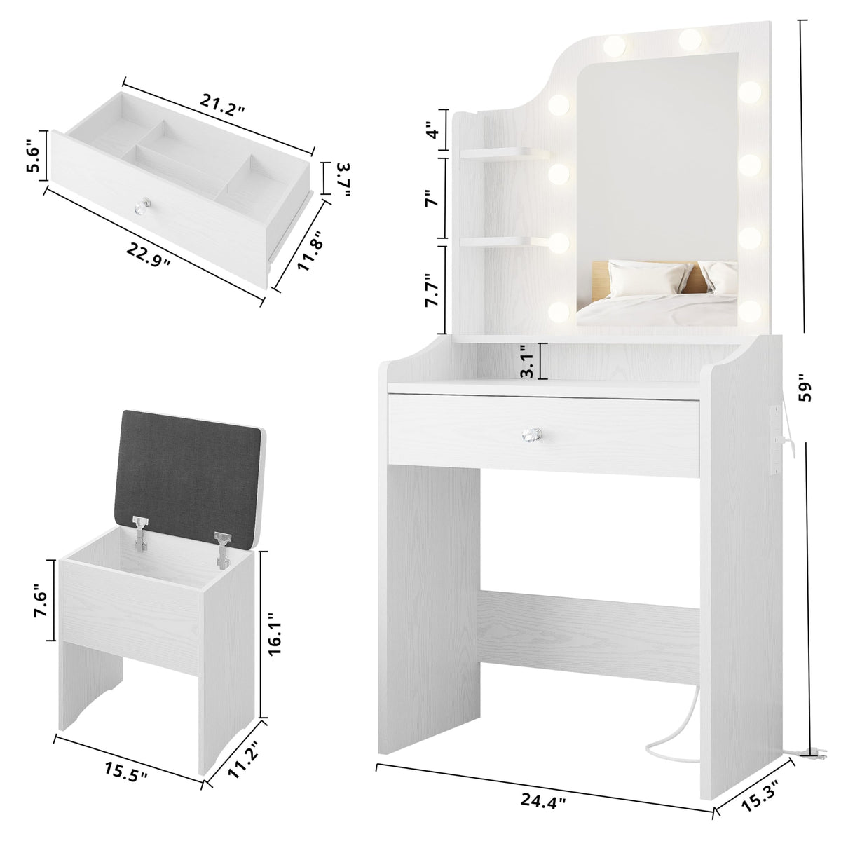 White Vanity Desk with Mirror and Storage Stool U70160