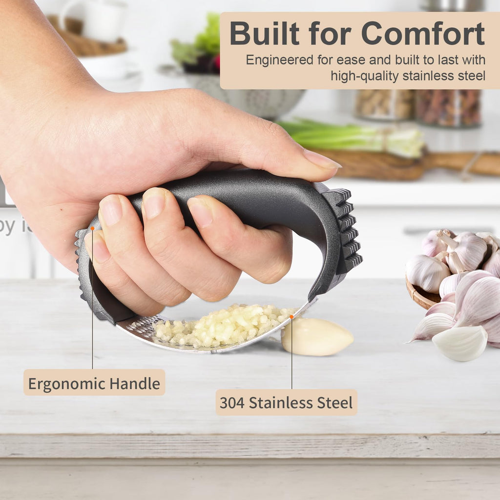 Stainless Steel Garlic Press Rocker with Peeler and Cleaning Brush V1480