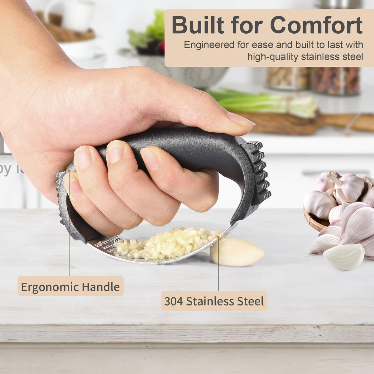 Stainless Steel Garlic Press Rocker with Peeler and Cleaning Brush V1480