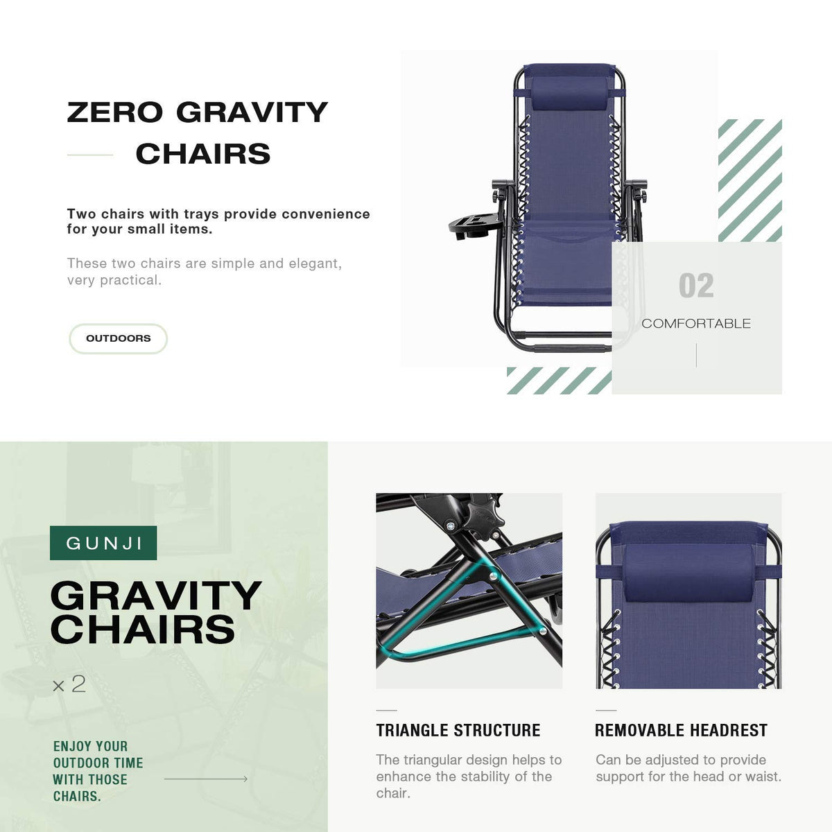 Blue Zero Gravity Folding Lounge Chairs Set of 2 with Cup Holder J853273