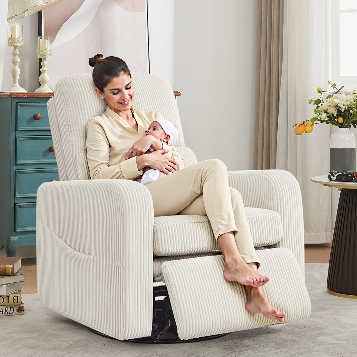 Oversized Corduroy Swivel Rocker Recliner Chair Q17943