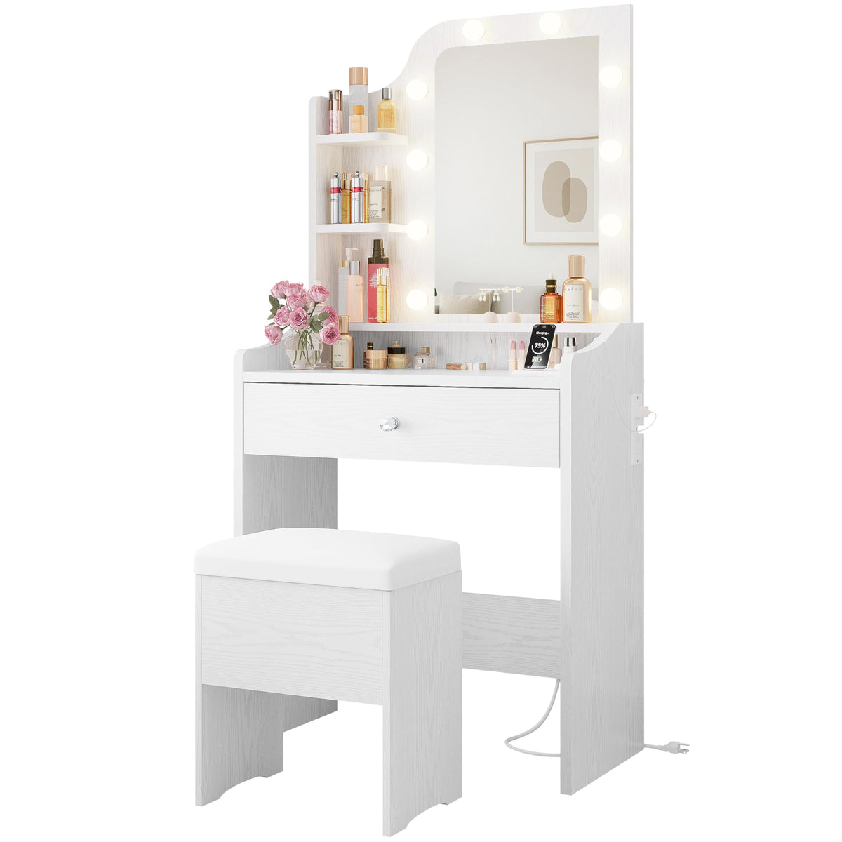 White Vanity Desk with Mirror and Storage Stool U70160
