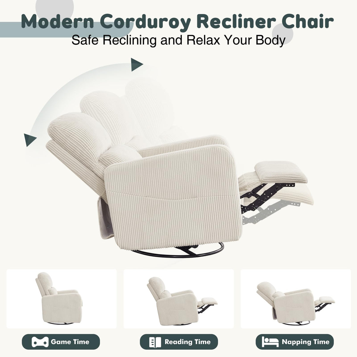 Oversized Corduroy Swivel Rocker Recliner Chair Q17943