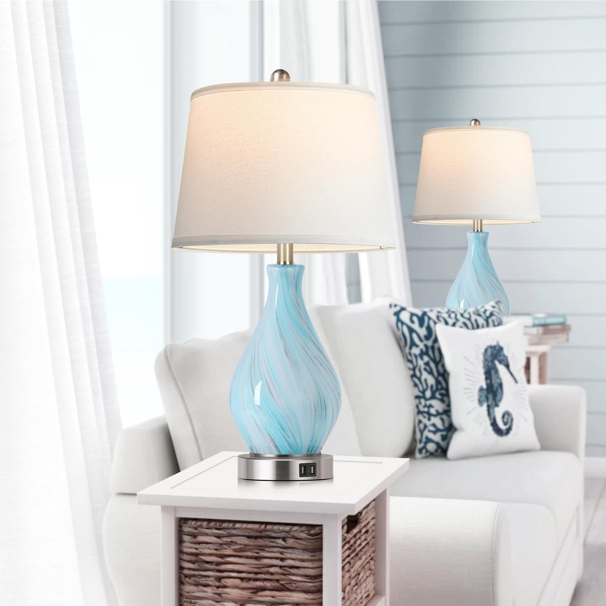 Set of 2 Touch Control Art Glass Table Lamp with USB Ports B223