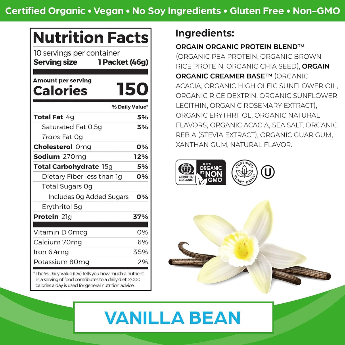 Organic Vegan Protein Powder Travel Packs Vanilla Bean and Chocolate Fudge 10 Packets Each I6409