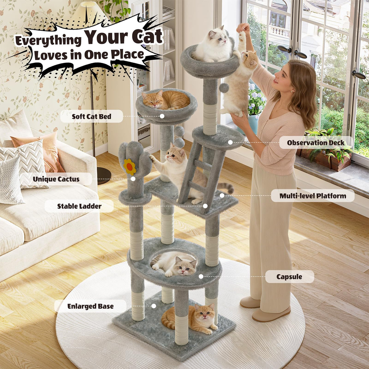 72in Gray Multi-Level Cat Tree with Transparent Capsule C526