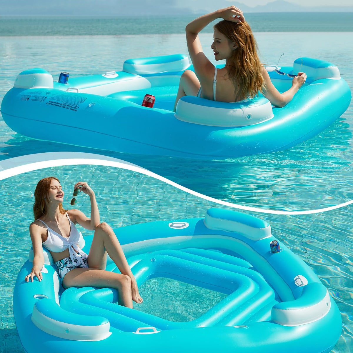 Blue XL Inflatable Pool Float with Cup Holders E720