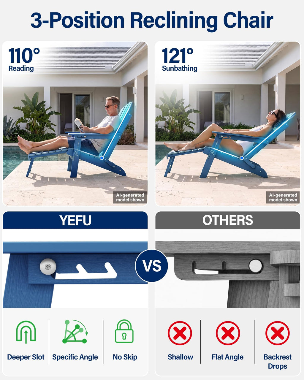 Blue HDPE Adirondack Chairs with Footrest Set of 4 Y8989