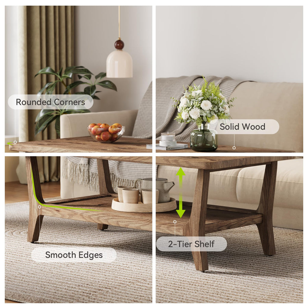 Solid Wood Coffee Table with Storage, 2-Tier Shelf T439