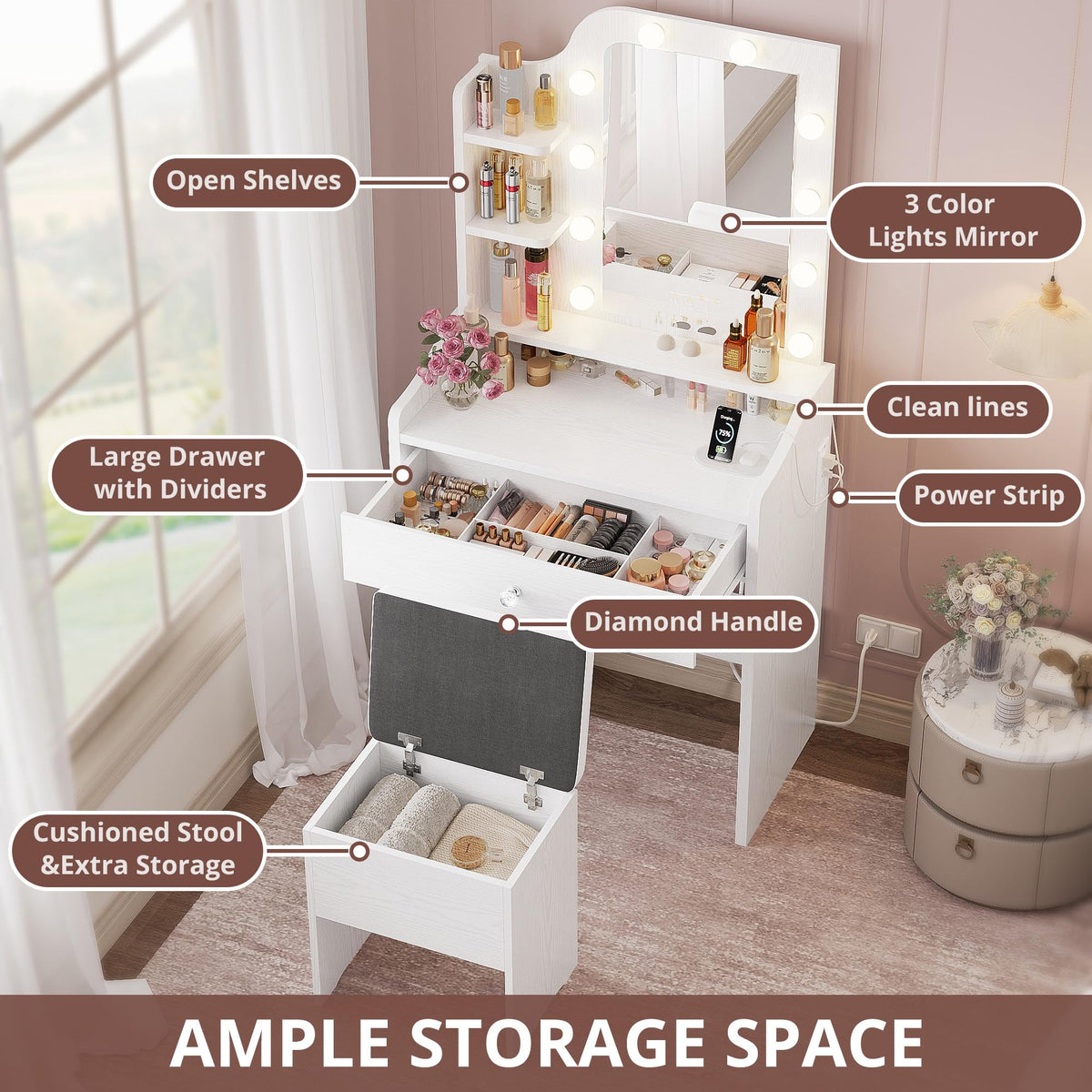 White Vanity Desk with Mirror and Storage Stool U70160